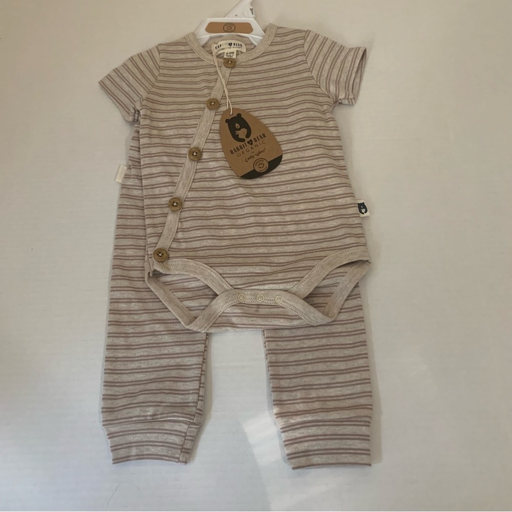 NWT…Rabbit + Bear Tan Stripe Onesie and Matching Pants-Organic Cotton